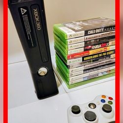 Microsoft Xbox 360 slim With 13 Games And 2 Wireless Controllers With Power Supply And HDMI cord . 
