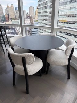 Maiden Home Reade Round Dining Table + Jane Dining Chairs (Set of 4) — Shearling Ivory / Charcoal Ash