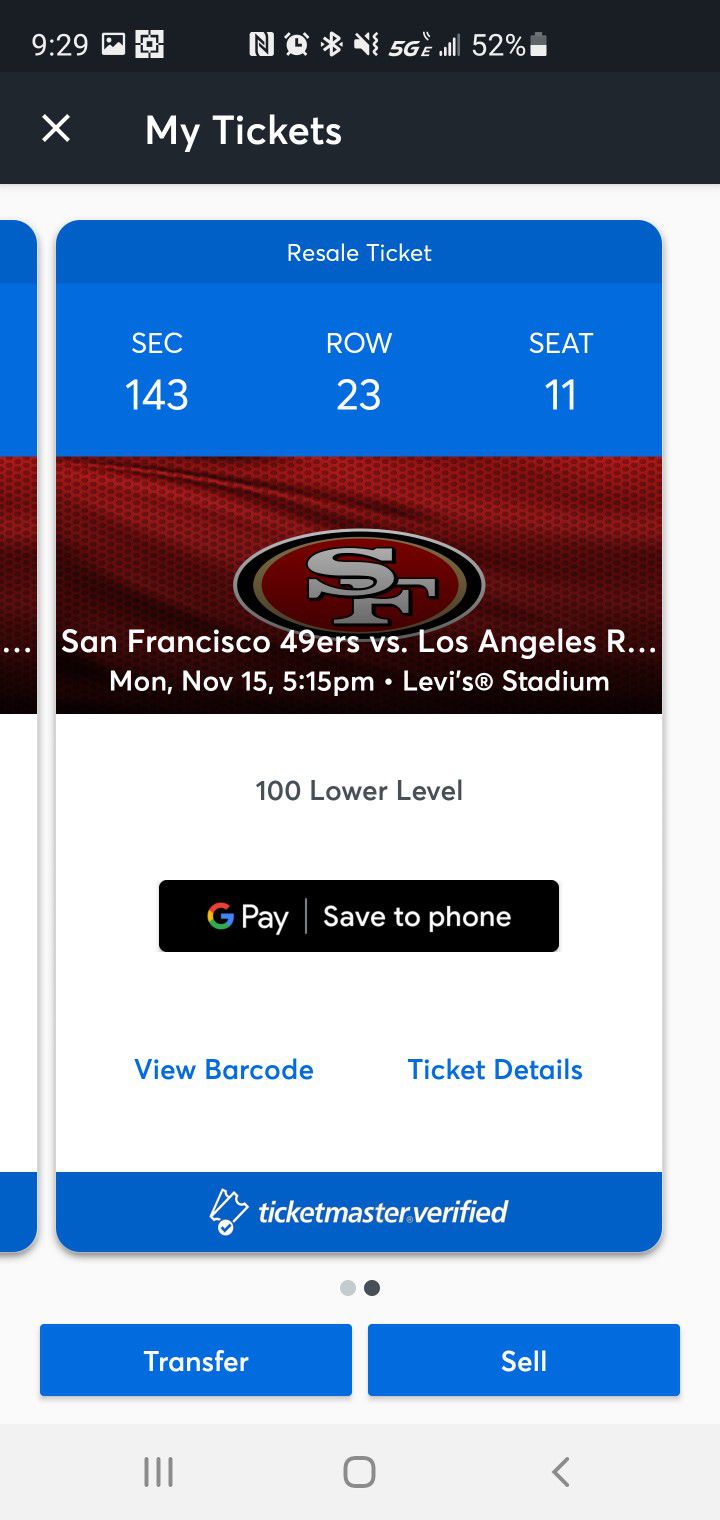 49ers vs Rams Lower Levi's 2 Tickets With Green Parking Pass