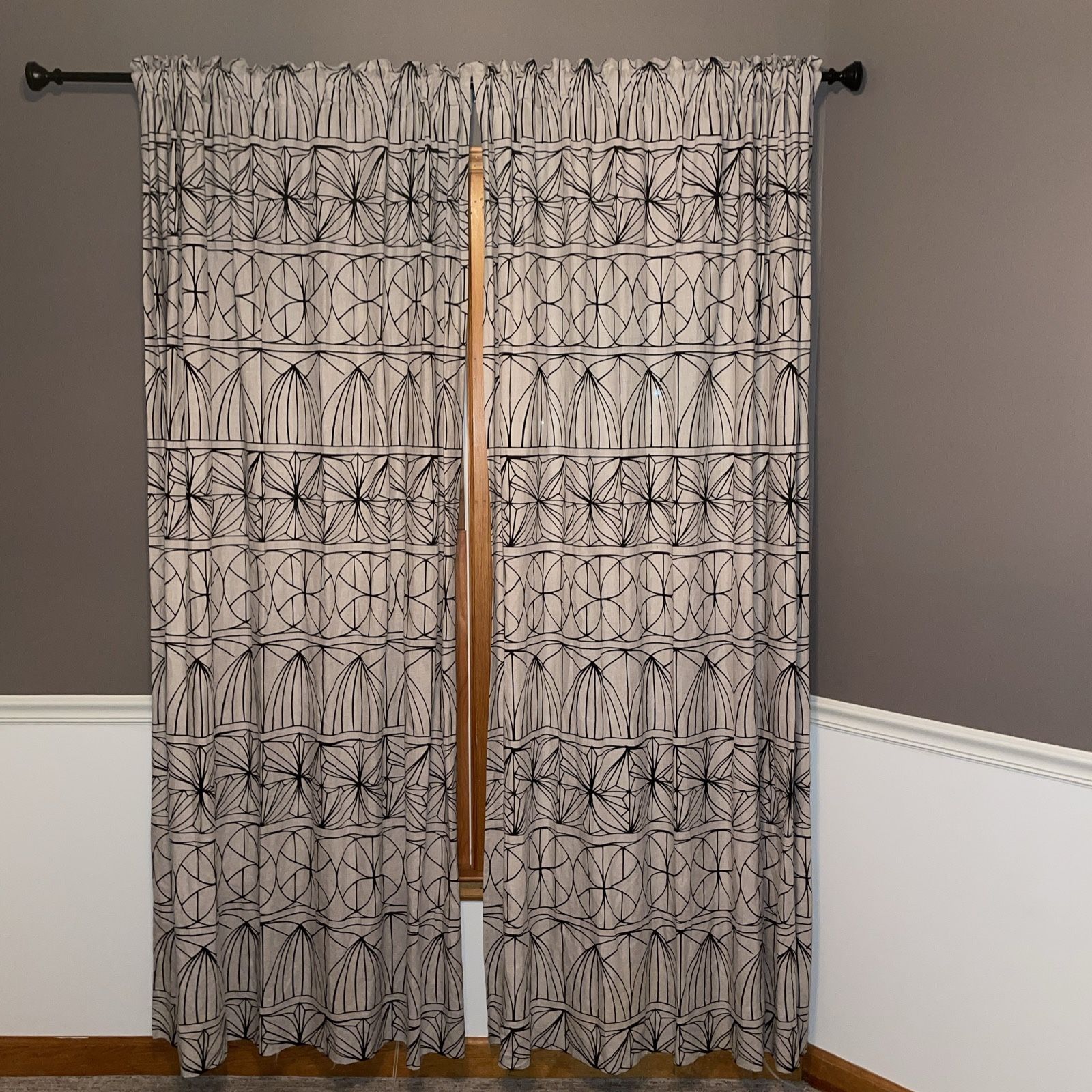 IKEA Curtain Pair Geometric Pattern Tan & Black RYSSBY Linen Cotton 57 W X 84 L