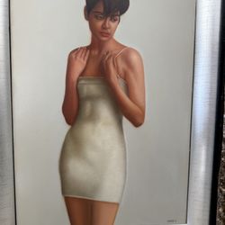 Framed Oil Hand  Painting Of young lady In A White Mini Dress