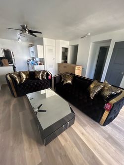 Brand New Black And Gold Velvet Tufted Sofa and Loveseat Set