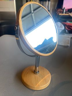 Round Tabletop Vanity Mirror with Wood Base