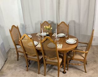 THOMASVILLE Vintage Dining Table with Extension & 6 Cane Back Chairs US MADE 🇺🇸