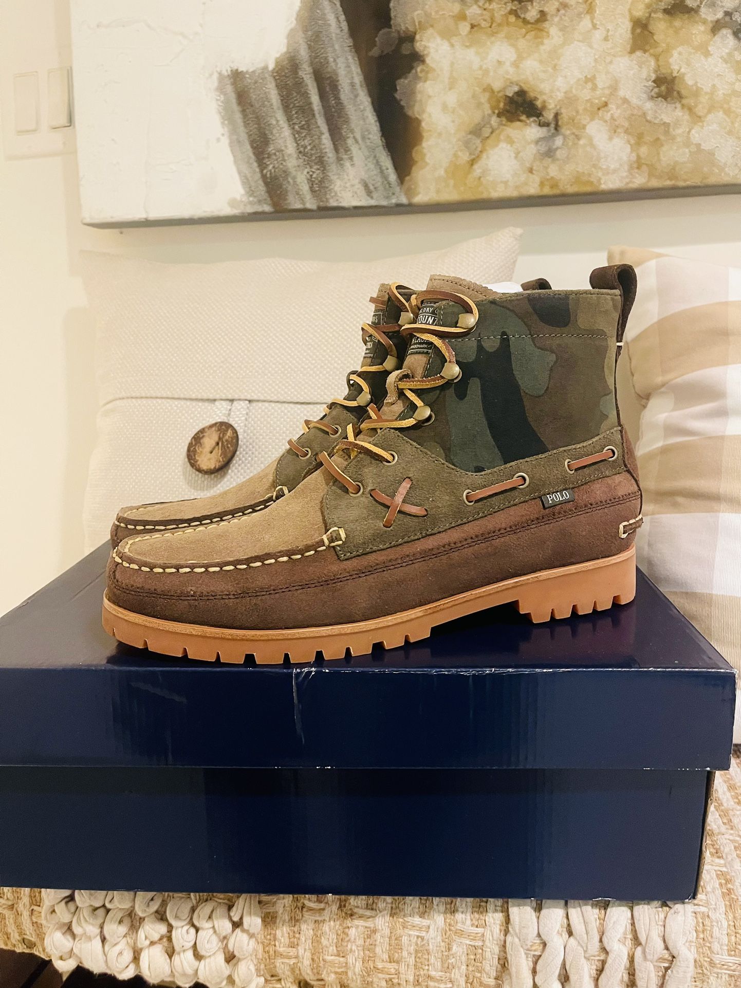 NWT Polo Ralph Lauren Suede & Camo Brown Canvas Mid Ranger Boot Sizes 10.5