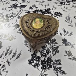 Vintage Metal Heart Shaped Cameo Trinket Box with Red Velvet Lining