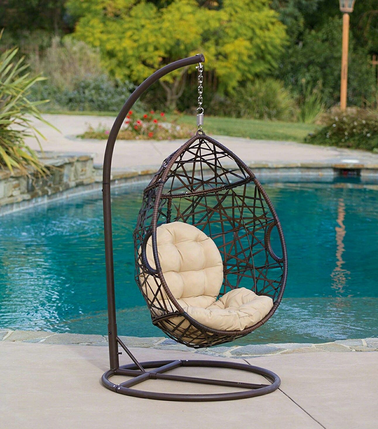 Hanging Egg Chair with Stand & Cushion Outdoor Patio Porch Wicker Swing Seat