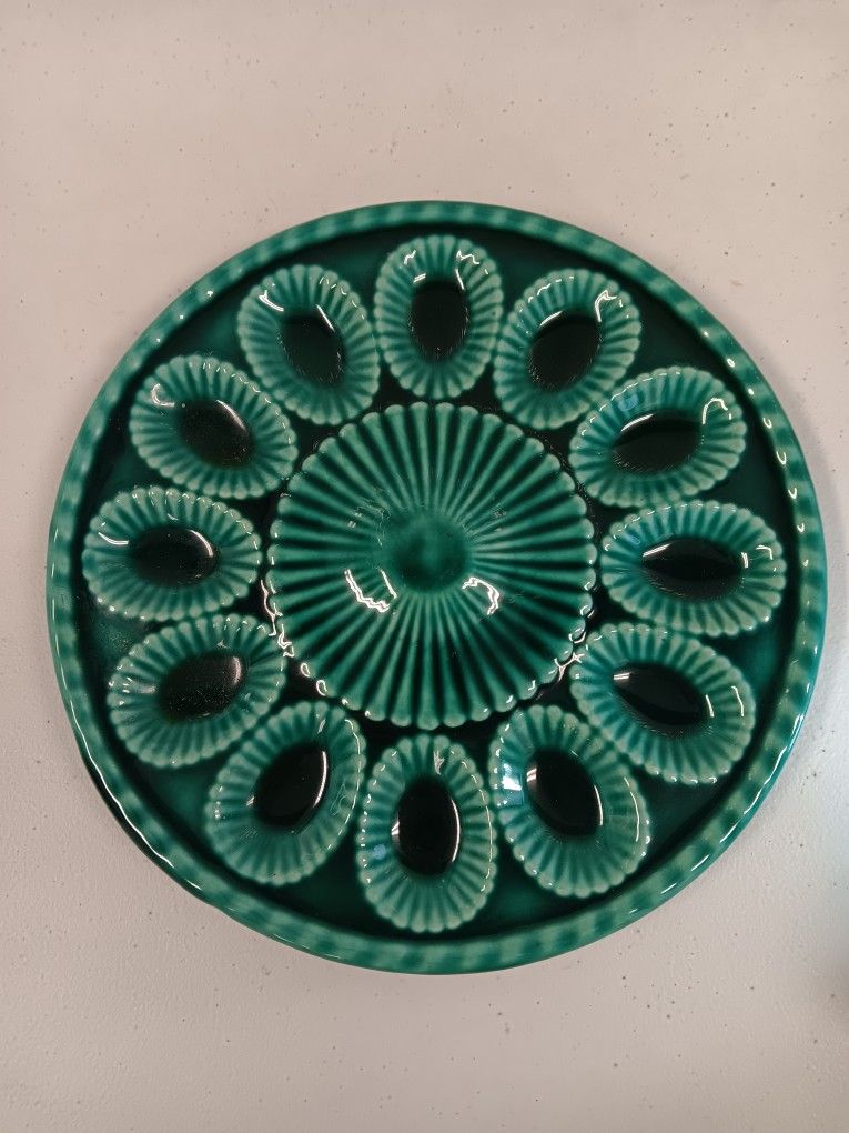 Vintage Portugese Majolica secla devilled egg serving platter/dish. Studio pottery egg tray in ocean blue. Cottage core. Granny Core