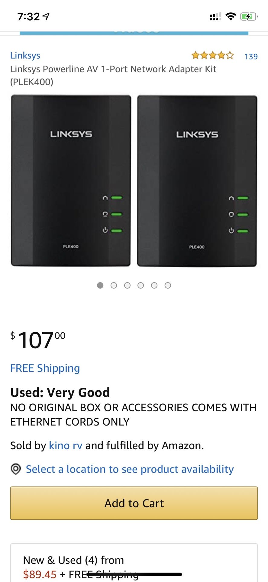 Linksys Powerline AV1 port network adapter