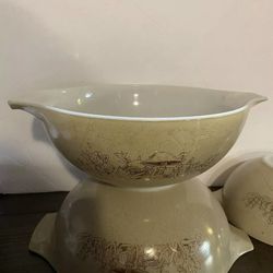 Vtg 3 Pyrex Forest Fancies Tan Mushroom Cinderella (2) Bowl 444 AND (1)443
