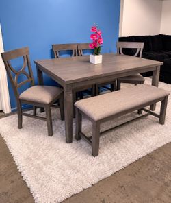 New! 🪑 Dining Table Set Gray-Chairs & Bench