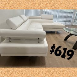 White fuax leather sectional sofa set left facing sofa,right facing chaise