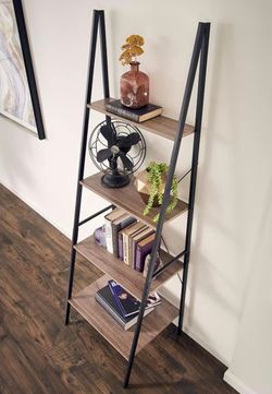 Ladder Book Shelves Black Metal Gray Wood