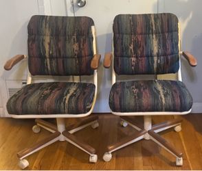 Pair of vintage 1993 ChromeCraft Desk Task Swivel Chairs with 90’s patterned fabric upholstery