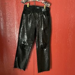 Express Black Sequin Distressed Straight Jeans