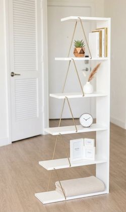 Modern White and Gold 6-Tier Bookshelf Used- Good
