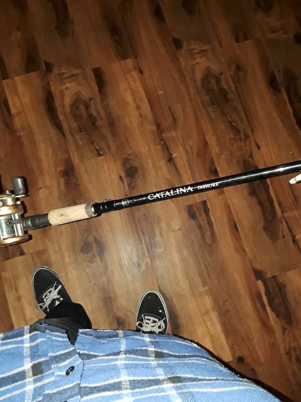 Okuma Catalina inshore 8'0" cork handle baitcaster fishing rod with left handed shimano 301 Cardiff fishing reel