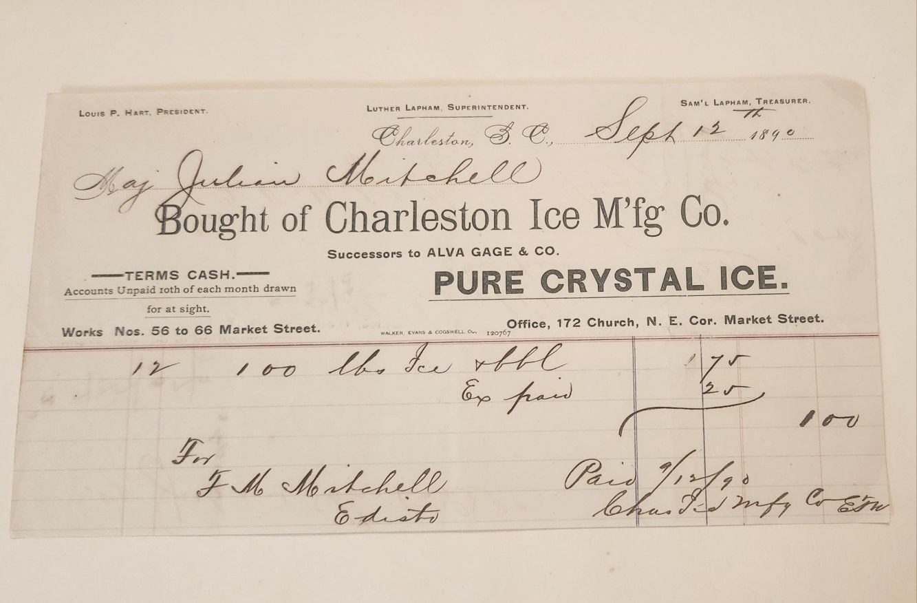 1890 Charleston Ice Manufacturing Co. Receipt 