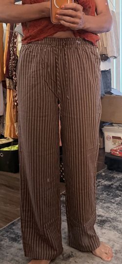 Medium Striped Wide-Leg Linen-Blend Pants - Brown