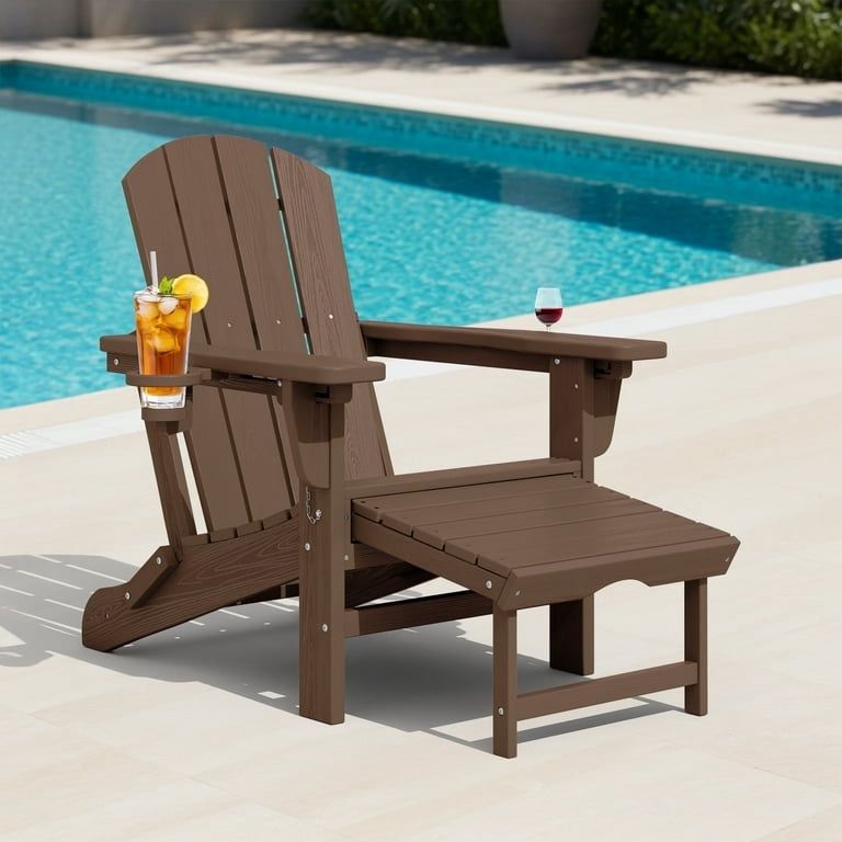 Folding Adjustable Adirondack Chair with Retractable Ottoman & 2 Cup Holders for Patio Garden, Brown