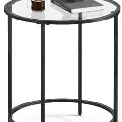 Round Side Table, Glass End Table with Metal Frame