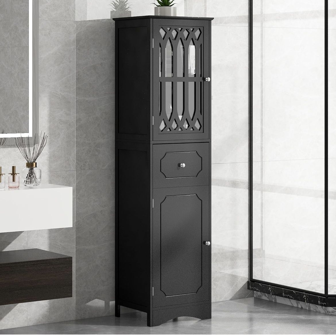Newly assembled Bathroom Cabinet Freestanding Wooden Storage Cabinet with 2 Doors and 2 Drawer