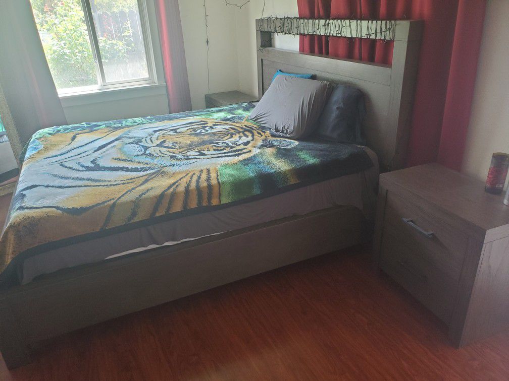 King Bed Frame with Tempurpedic Mattress, 2 Matching Night Stands and Matching Dresser