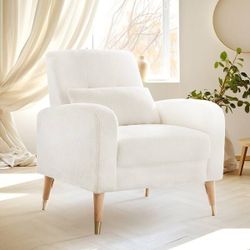 NEW White Sherpa Mid-Century Wood Lounge Chair with White Cushions and Metal Legs