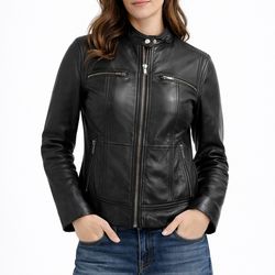 Black Michael Kors genuine leather jacket size Small zip stand collar moto