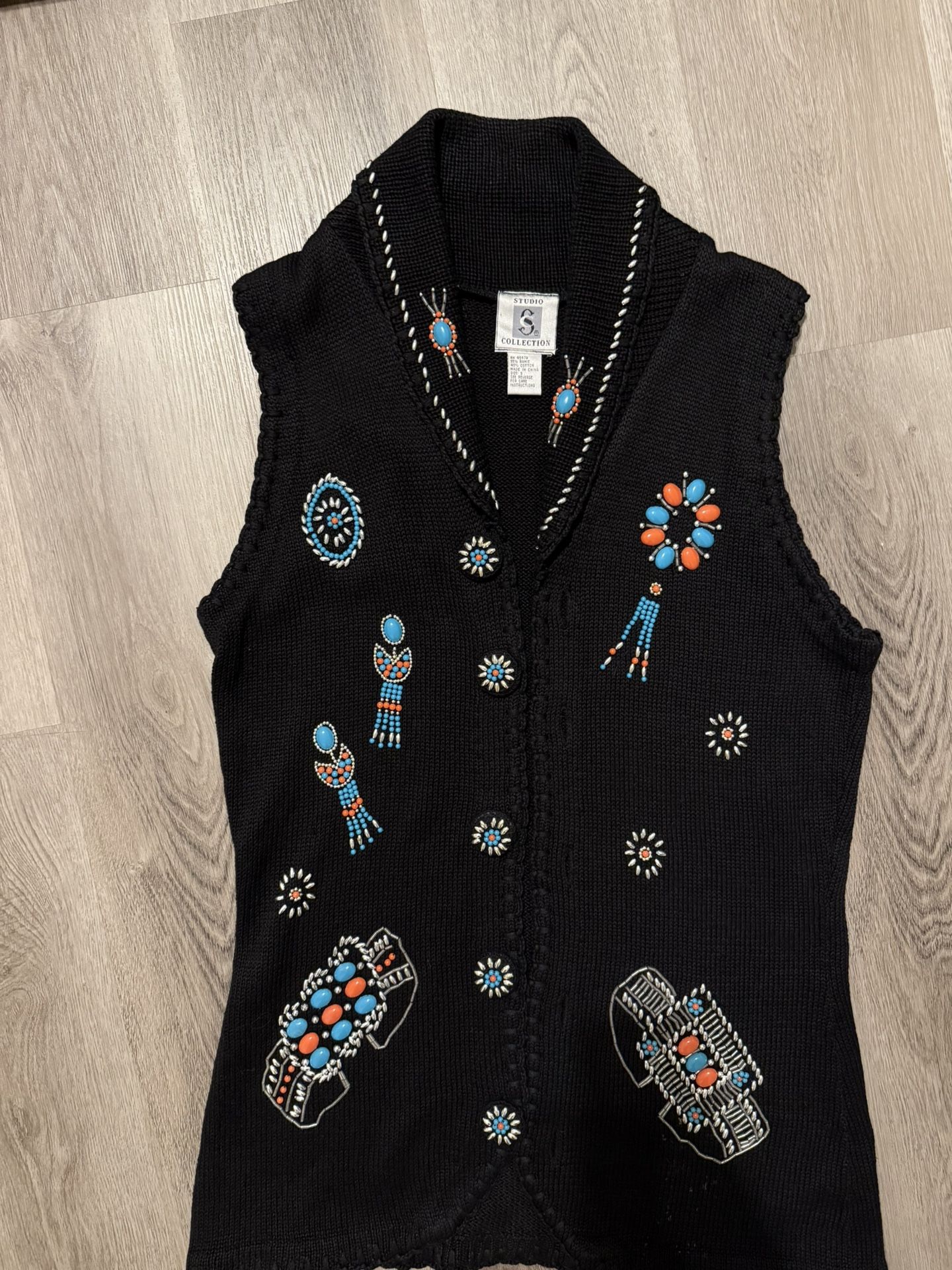 Vintage Victoria Jones Black Knit Southwest Beaded Long Sleeveless Cardigan