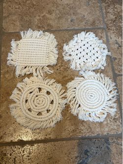 Set of 4 Ivory Assorted Macrame Handcrafted Cotton Fringe Boho Coasters