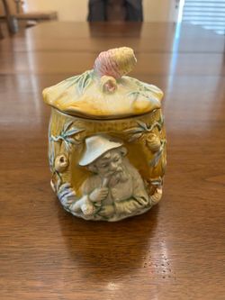 Vintage Majolica Style Ceramic Tobacco Jar Humidor - Old Man with Pipe