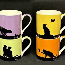 Streetwise Cat coffee mugs Fairmont & Main set of 4 black silhouette very HTF