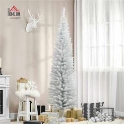 Christmas Tree White Flocked 6’ w/ Lights Skinny Tree
