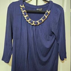 August silk blue blouse with gold chain accent with fading size Large