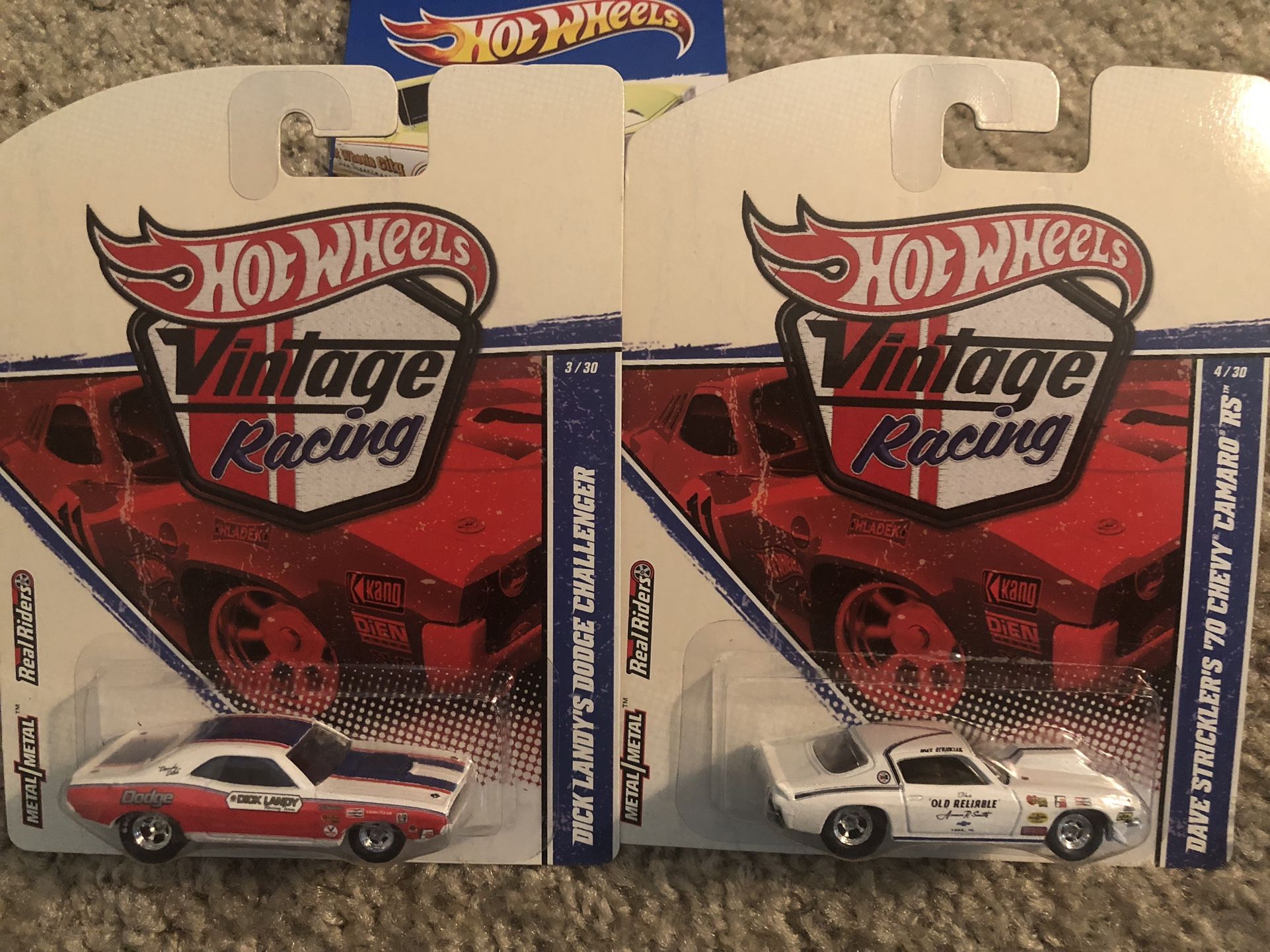 2-Pak 2010 Hot Wheels Vintage Racing Dave Strickler’s ‘70 Chevy Camaro RS & Dick Landy's Dodge Challenger