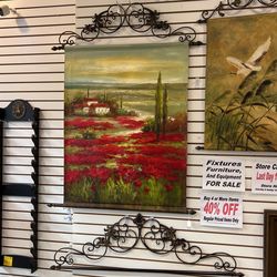 Red poppies flower field scenery Oil Painting With Metal Rod 