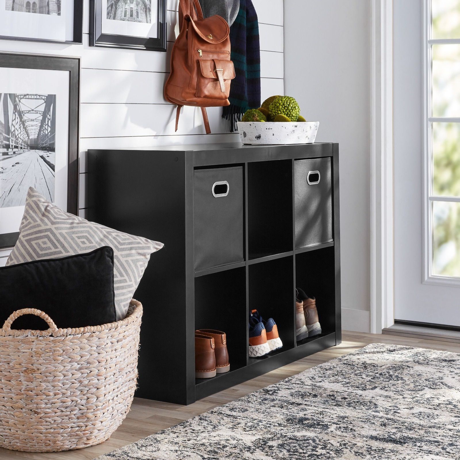 Better Homes & Gardens 6-Cube Storage Organizer, Black DESCRIPTION: Sleek, open back design for easy cord management Features 6 fixed 13" x 13" x 15"