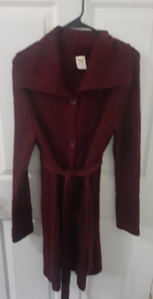 Women's Faded Glory Maroon Knit Belted And Button Up Cardigan - Size Medium