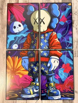 4 Piece Modern Kaws Art Picture Poster Print With Borderless Glass Frames