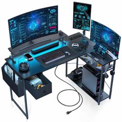 Gaming Desk, 47 inch L Shaped Gaming Desk, Computer Desk with LED Lights & Adjustable Stand, Power Outlets, Storage Drawer BRAND NEW