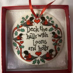 “Deck The Halls With Loons & Holly” Porcelain Ornament