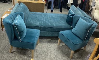 Teal Velvet Chaise Lounge & Accent Chair Set (with Matching Pillows)