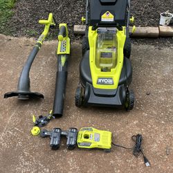 Ryobi ONE+ HP 18V Brushless 16 in. Cordless Battery Walk Behind Push Lawn Mower with (2) 4.0 Ah Batteries and (1) Charger string trimmer, leaf blower 