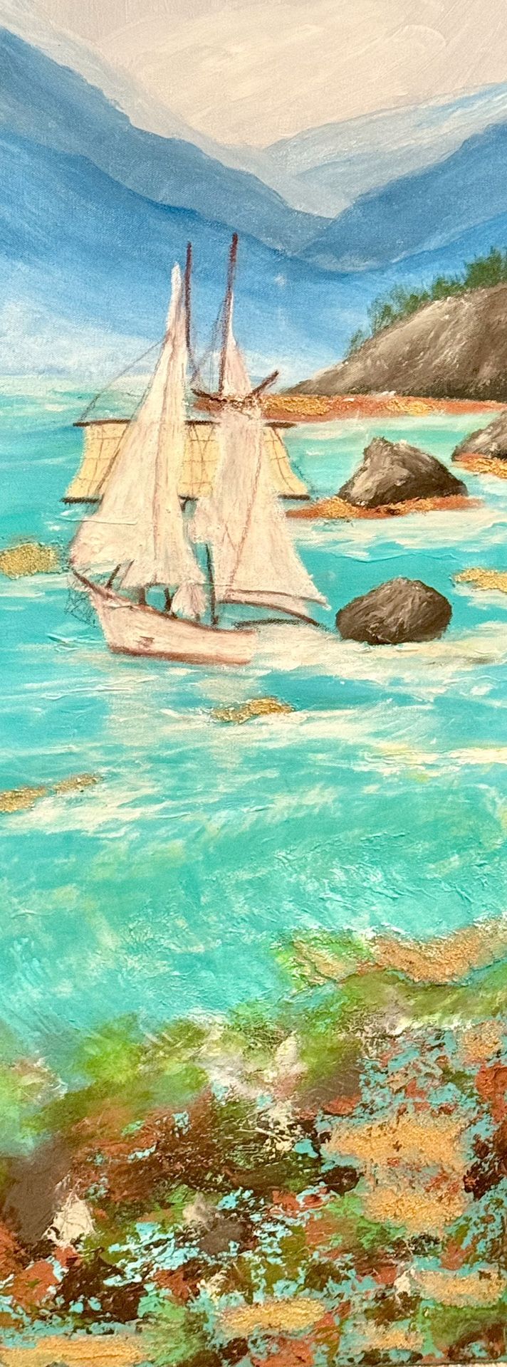 Serene Coastal Sailboat – Original Acrylic & Mixed Media Painting