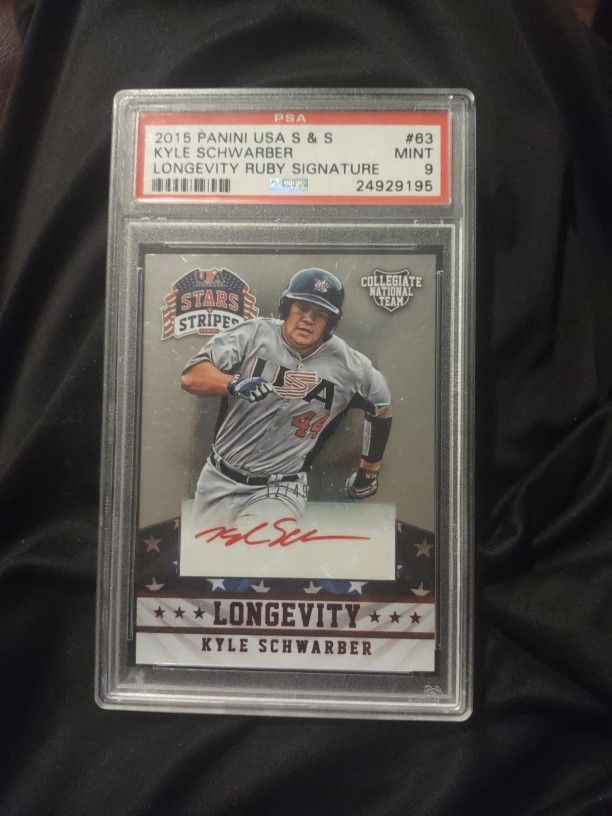 2015 USA Stars & Stripes Kyle Schwarber Red Ink Auto Longevity Ruby Signatures #12/49 PSA 9