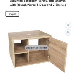 FULLWATT 23.6-Inch Natural Color Wall Mounted Bathroom Vanity, Side Shelves with Round Mirror, 1-Doo