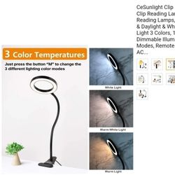 

Ring Clip Lamp, Reading Lamp, Warm & Daylight & White USB A/C w/Remote New