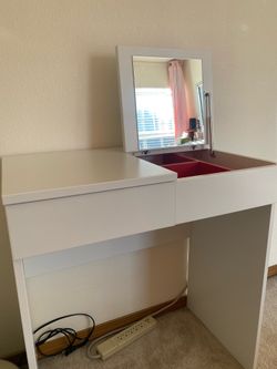 White Makeup Vanity with Flip-Top Mirror & Storage
