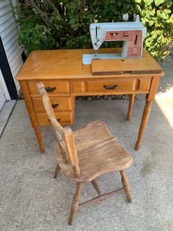 Vintage Singer Sewing Machine with Cabinet and Chair